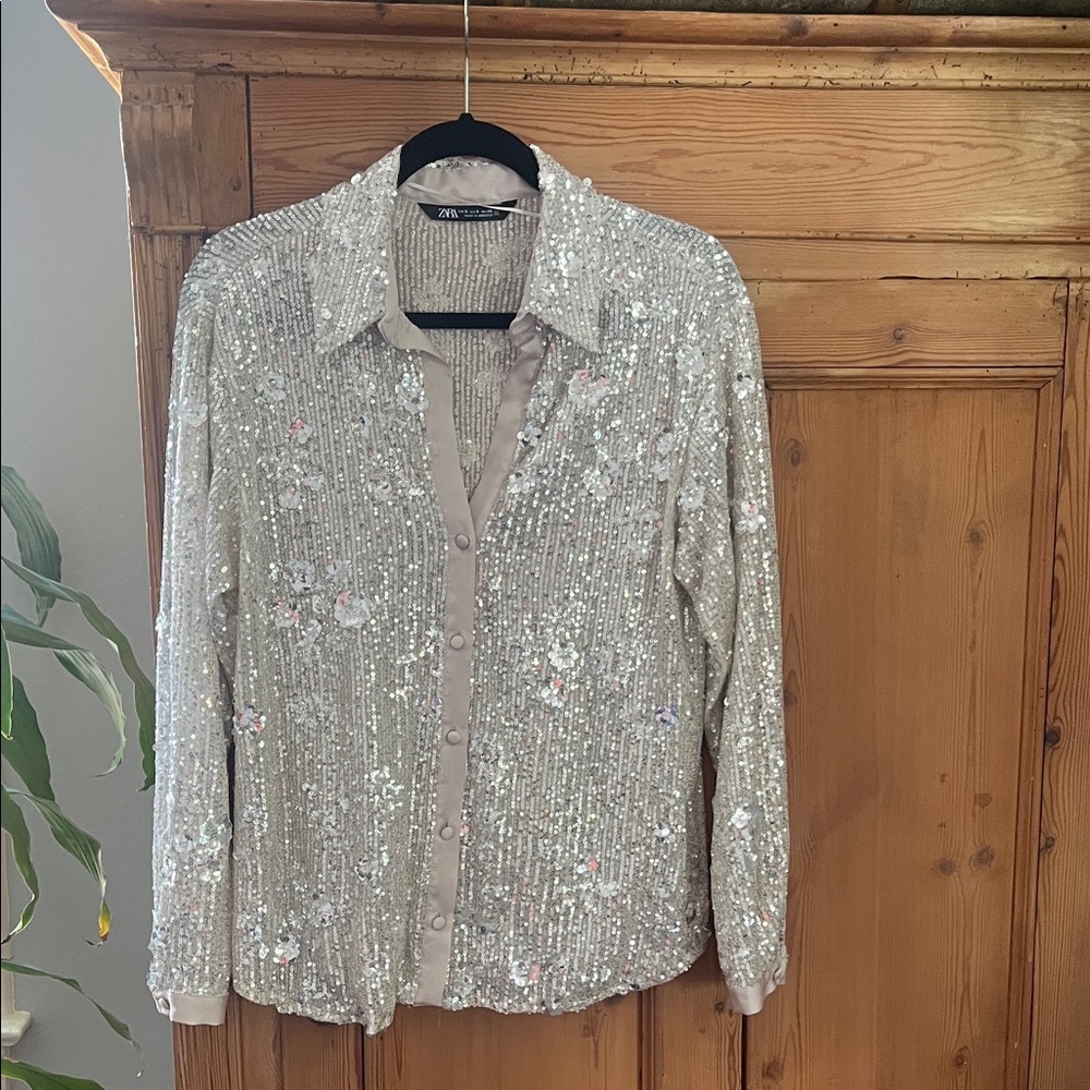 ZARA Silver Sequin Embellished Blouse